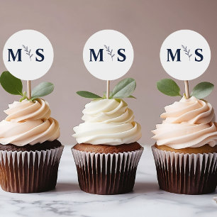 Pegatina Redonda Favor de la boda de la marina azul monograma