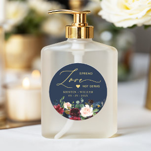 Pegatina Redonda Favor de la boda de la Marina Borgoña Floral Azul