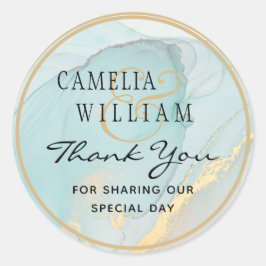 Pegatina Redonda Favor de la Boda de Oro Verde azulada LeahG INK Se