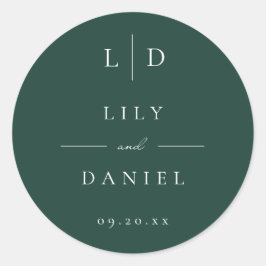 Pegatina Redonda Favor de la boda de un monograma verde esmeralda M