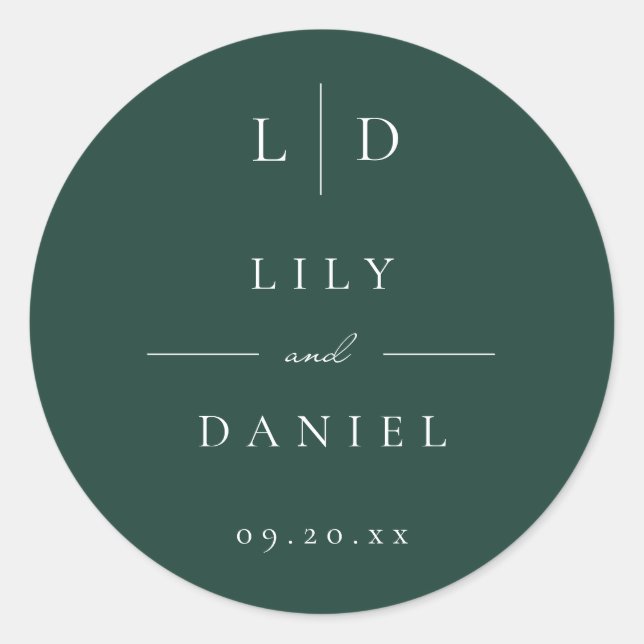 Pegatina Redonda Favor de la boda de un monograma verde esmeralda M (Anverso)