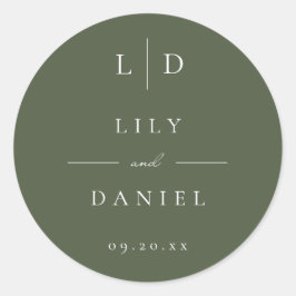 Pegatina Redonda Favor de la boda de un monograma verde oliva Minim