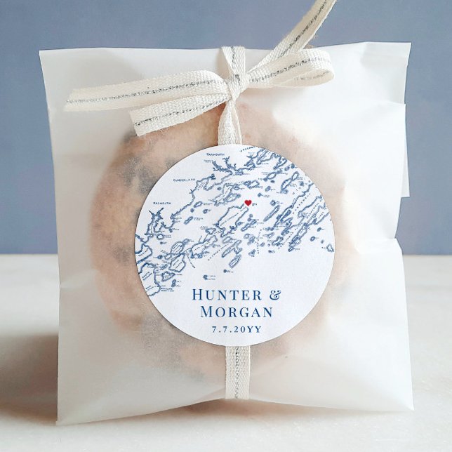 Pegatina Redonda Favor de la boda del Mapa de la Isla de Chebeague (These Chebeaugue Island Wedding Favor Stickers are perfect for your casco bay destination wedding)