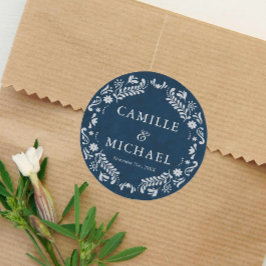 Pegatina Redonda Favor de la boda del pintado del papel azul