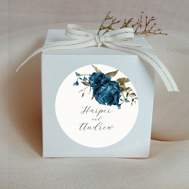 Pegatina Redonda Favor de la boda floral azul de la Marina Rustica (Subido por el creador)