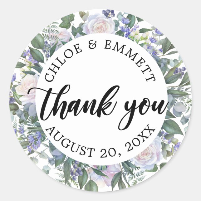 Pegatina Redonda Favor de la Boda Floral Azul Púrpura Blanca (Anverso)