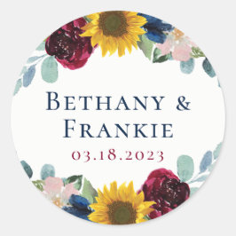 Pegatina Redonda Favor de la boda floral de girasol botánico