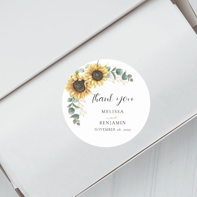 Pegatina Redonda Favor de la boda floral del girasol Eucalyptus (Sunflower Eucalyptus Greenery Thank You Round Sticker)
