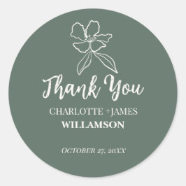Pegatina Redonda Favor de la boda floral mínima verde forestal