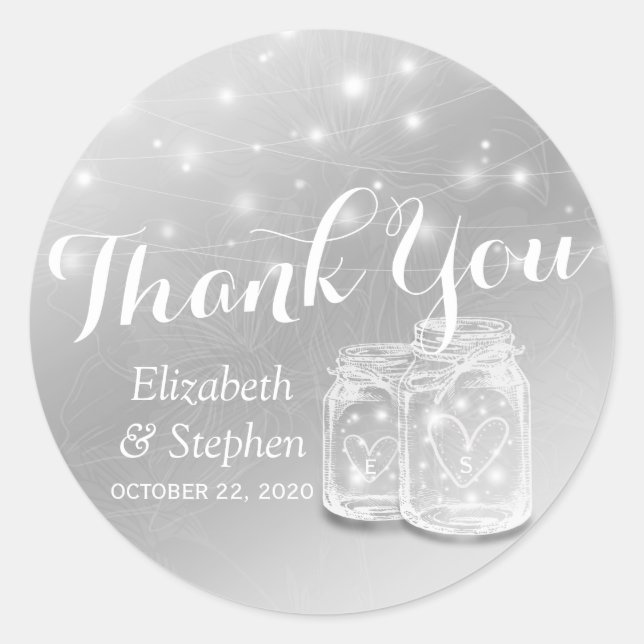 Pegatina Redonda Favor de la boda Gracias Mason Jars & String Light (Anverso)