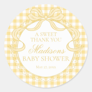 Pegatina Redonda Favor de lazo coqueta de gingham amarillo para bab