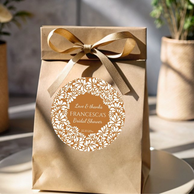 Pegatina Redonda Favor de lluvia de novia en terracota talavera mex (Vintage Mexican talavera terracotta bridal shower thank you favor sticker template )