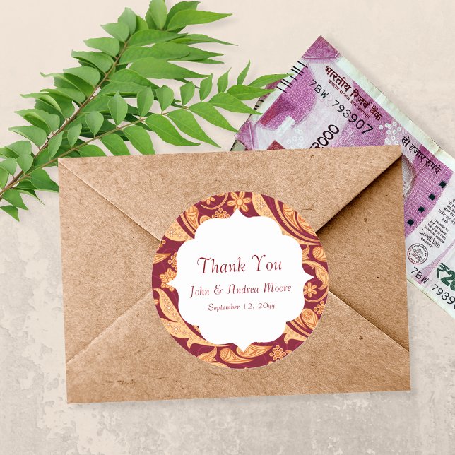 Pegatina Redonda Favor de matrimonio de Henna floral roja (Subido por el creador)