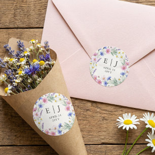 Pegatina Redonda Favor de Sobre de Bodas con Monograma de Flor Silv