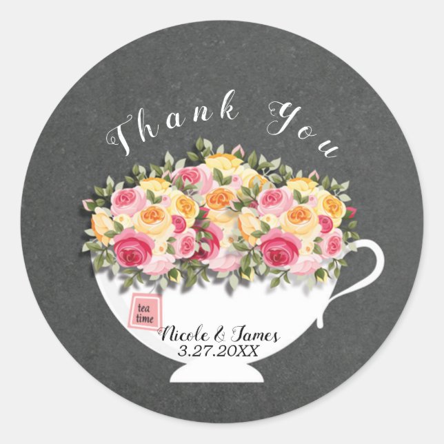 Pegatina Redonda Favor de taza de té de rosas para baby shower (Anverso)