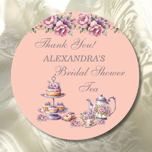 Pegatina Redonda Favor de Té Floral de Melocotón Lila para Despedid