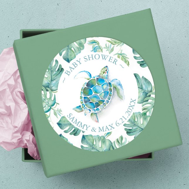 Pegatina Redonda Favor de Tortuga Marina y Verdeacuarela Linda (thank you sticker sea turtle baby shower)