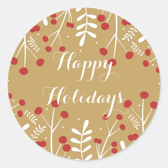 Pegatina Redonda Favor de vacaciones de oro de hojas y bayas blanca (Anverso)