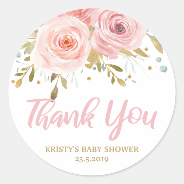 Pegatina Redonda Favor del Chica Rubor Floral Rosa Baby Shower (Anverso)