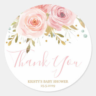 Pegatina Redonda Favor del Chica Rubor Floral Rosa Baby Shower