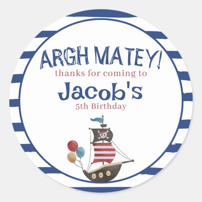 Pegatina Redonda Favor del cumpleaños de Jolly Roger Pirate (Anverso)