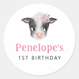 Pegatina Redonda Favor del cumpleaños de la vaca rosa