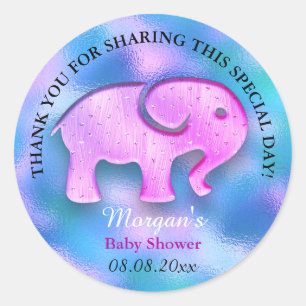 Pegatina Redonda Favor del Elefante Baby Shower Gracias Holograph B