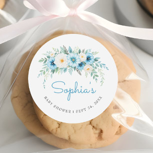 Pegatina Redonda Favor elegante de baby shower de flores azul paste