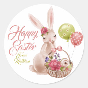 Pegatina Redonda Favor feliz del conejito de pascua de la acuarela