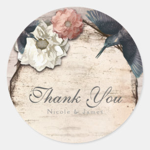 Pegatina Redonda Favor floral de abedul blanco rústico y colibrí