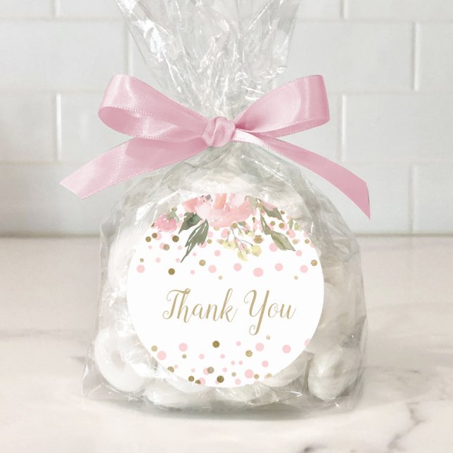 Pegatina Redonda Favor floral de acuarela en oro rosa (Pink gold baby shower favor stickers. Add your own text.)