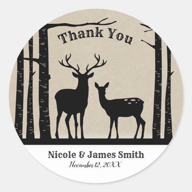 Pegatina Redonda Favor Macho Hembra Cierva Ciervo Abedul Negro (Anverso)