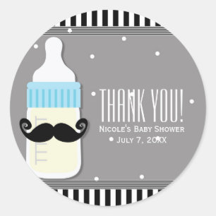 Pegatina Redonda Favor moderno de botella y bigote para baby shower
