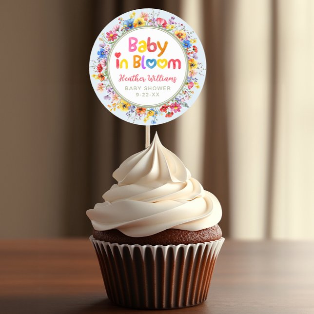 Pegatina Redonda Favor para Baby Shower 'Bebé en Flor' con Estampad (Baby in Bloom Favor Sticker for many uses)