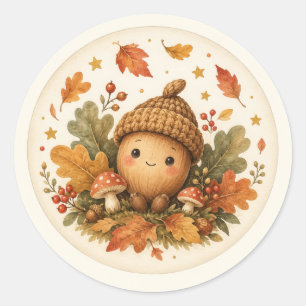 Pegatina Redonda Favor para Baby Shower Pequeña Bellota de Otoño