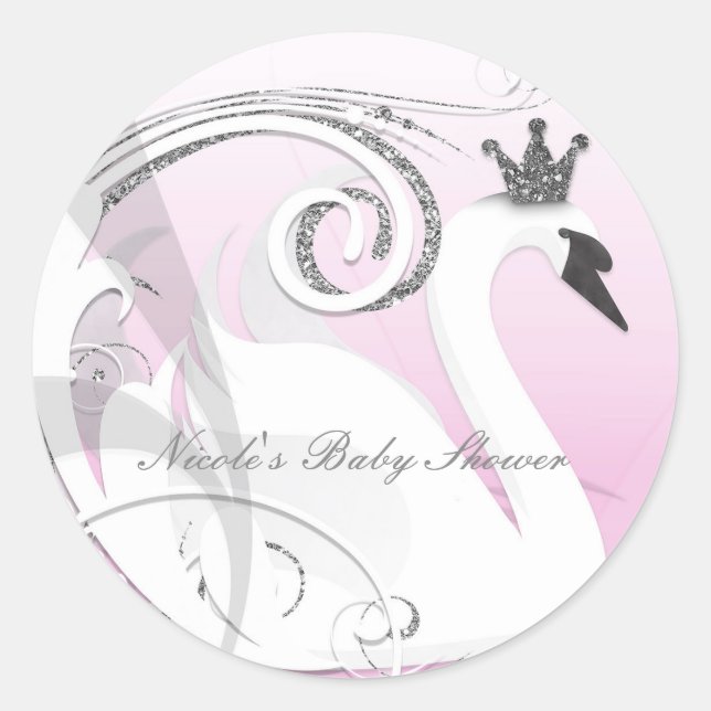 Pegatina Redonda Favor para Baby Shower Princesa Cisne Blanca Rosa (Anverso)