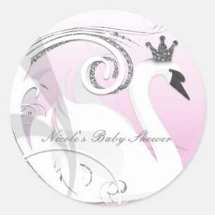 Pegatina Redonda Favor para Baby Shower Princesa Cisne Blanca Rosa