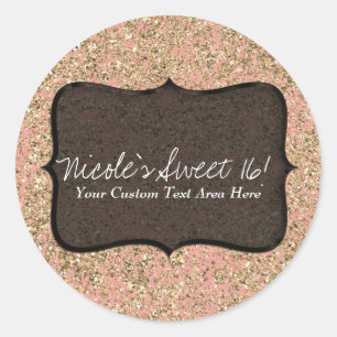 Pegatina Redonda Favor personalizado de cumpleaños con brillo rosa 