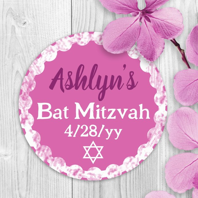 Pegatina Redonda Favor personalizado de fiesta de Bat Mitzvah rosa  (pink violet, berry personalized bat mitzvah party favor sticker or invitation envelope seal, label)