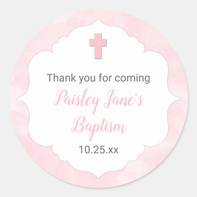 Pegatina Redonda Favor rosado del bautizo del bautismo del chica de (Anverso)