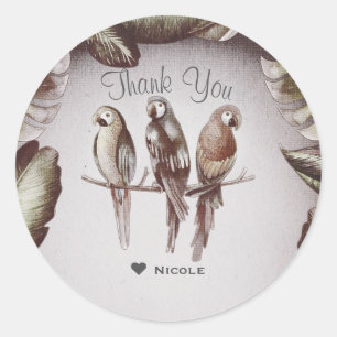 Pegatina Redonda Favor Vintage Tropical Tiki Aves Loros & Hojas