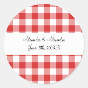 Pegatina Redonda Favoritos de boda de tipo gingham rojo