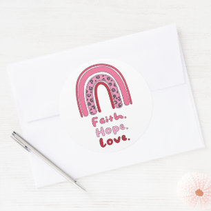 Pegatina Redonda Fe, esperanza, amor el arcoiris de boho rosado mot