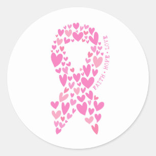 Pegatina Redonda Fe Esperanza Cáncer de Mama Cinta Rosa Concienciac