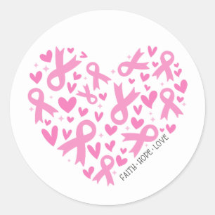 Pegatina Redonda Fe Esperanza Cáncer de Mama Cinta Rosa Concienciac