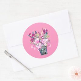 Pegatina Redonda Fe inspiradora Esperanza Amor Balde de Flor Rosa