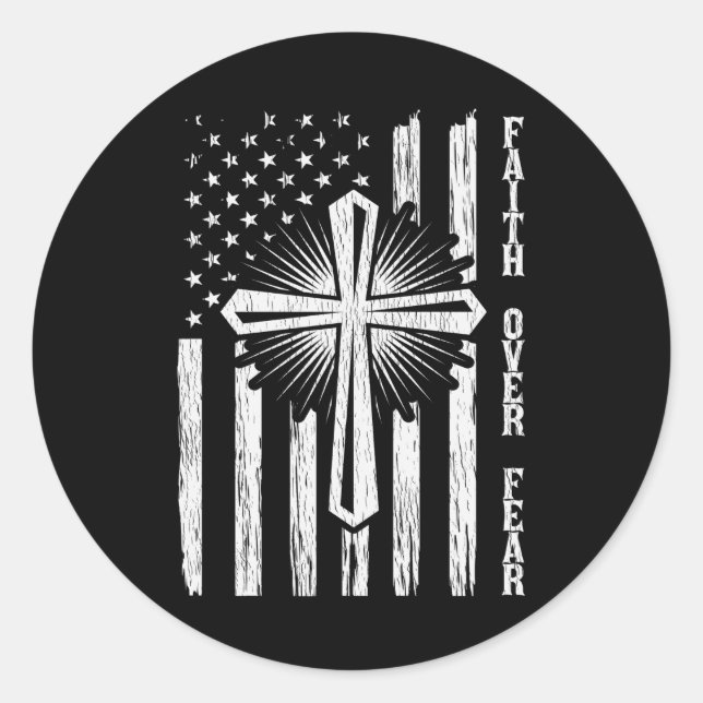 Pegatina Redonda Fe por miedo Orgullo americano Bandera cristiana d (Anverso)