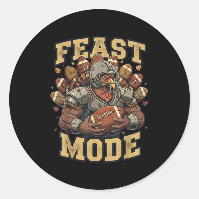 Pegatina Redonda Feast Mode Turkey Football Thanksgiving Funny Vint (Anverso)