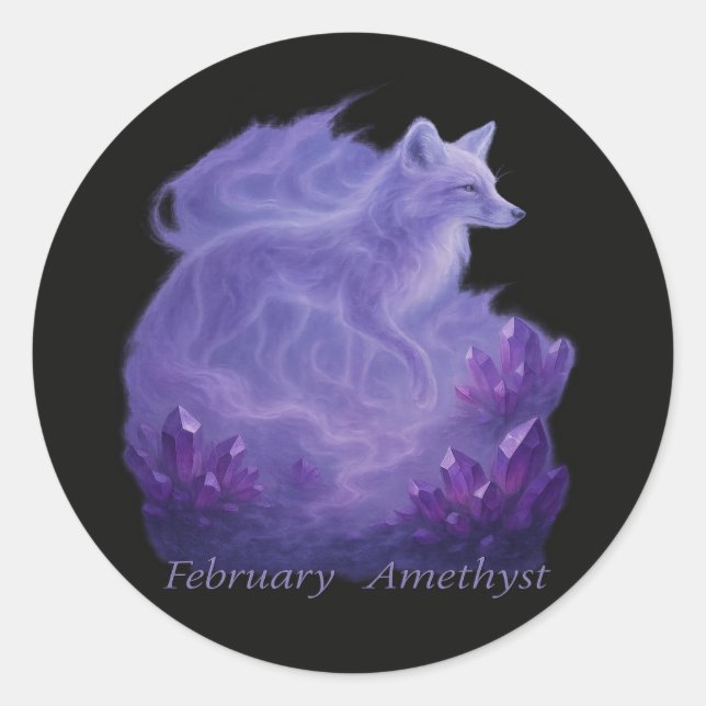 Pegatina Redonda Febrero Amethyst - Mystical Fox & Crystal (Anverso)