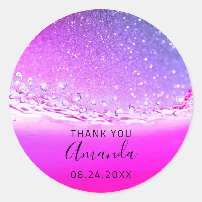 Pegatina Redonda Fecha de agradecimiento Spark Bridal Fuchsia Pink (Anverso)
